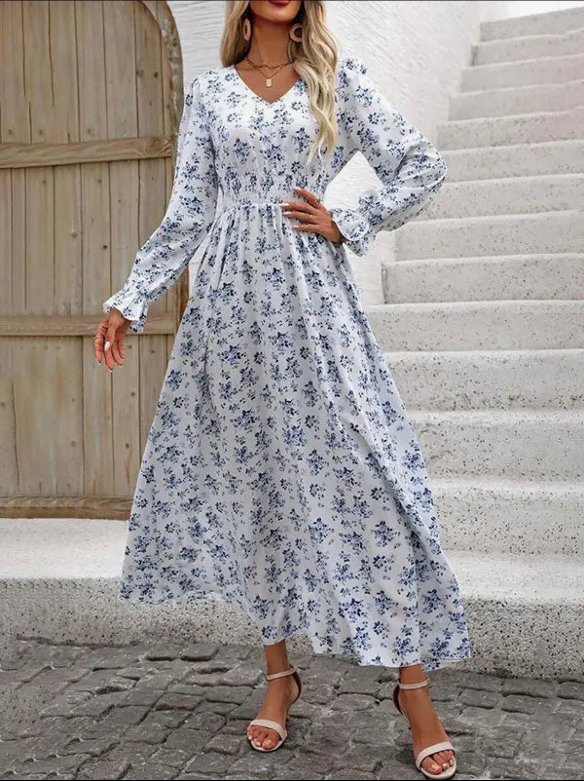 Long Sleeve Loose Elasticity Floral Maxi Dress