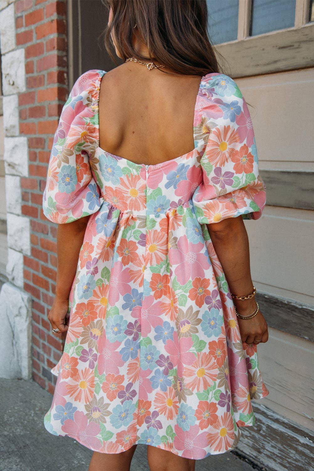 Women's Summer Floral Square Neck Puff Sleeve Babydoll Dress