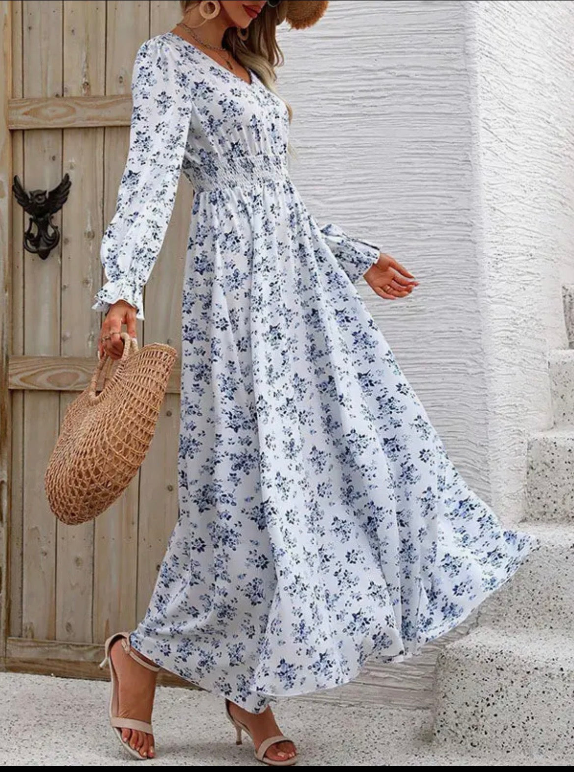 Long Sleeve Loose Elasticity Floral Maxi Dress
