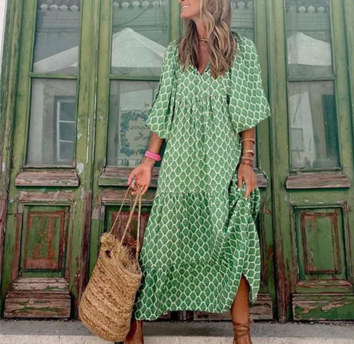 Round Neck Lantern Sleeve Printed Dress