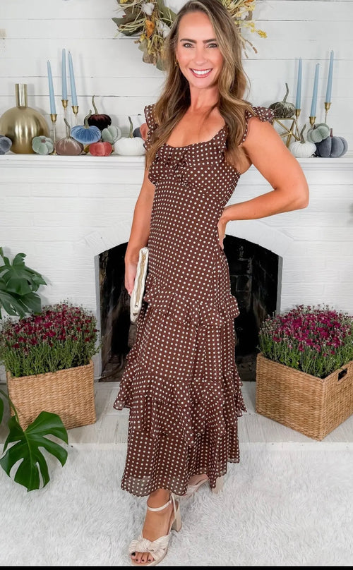 Brown Polka Dot Ruffled Maxi Dress (pre order only)
