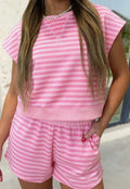 Striped Tee Elastic Waist Shorts Sets (pre order)