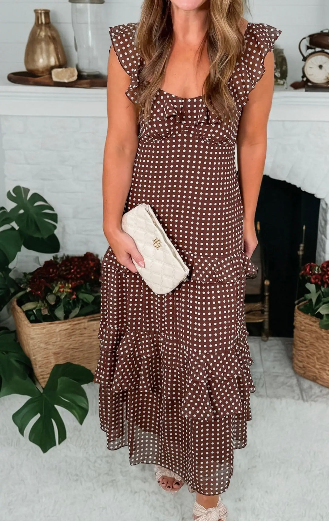 Brown Polka Dot Ruffled Maxi Dress (pre order only)