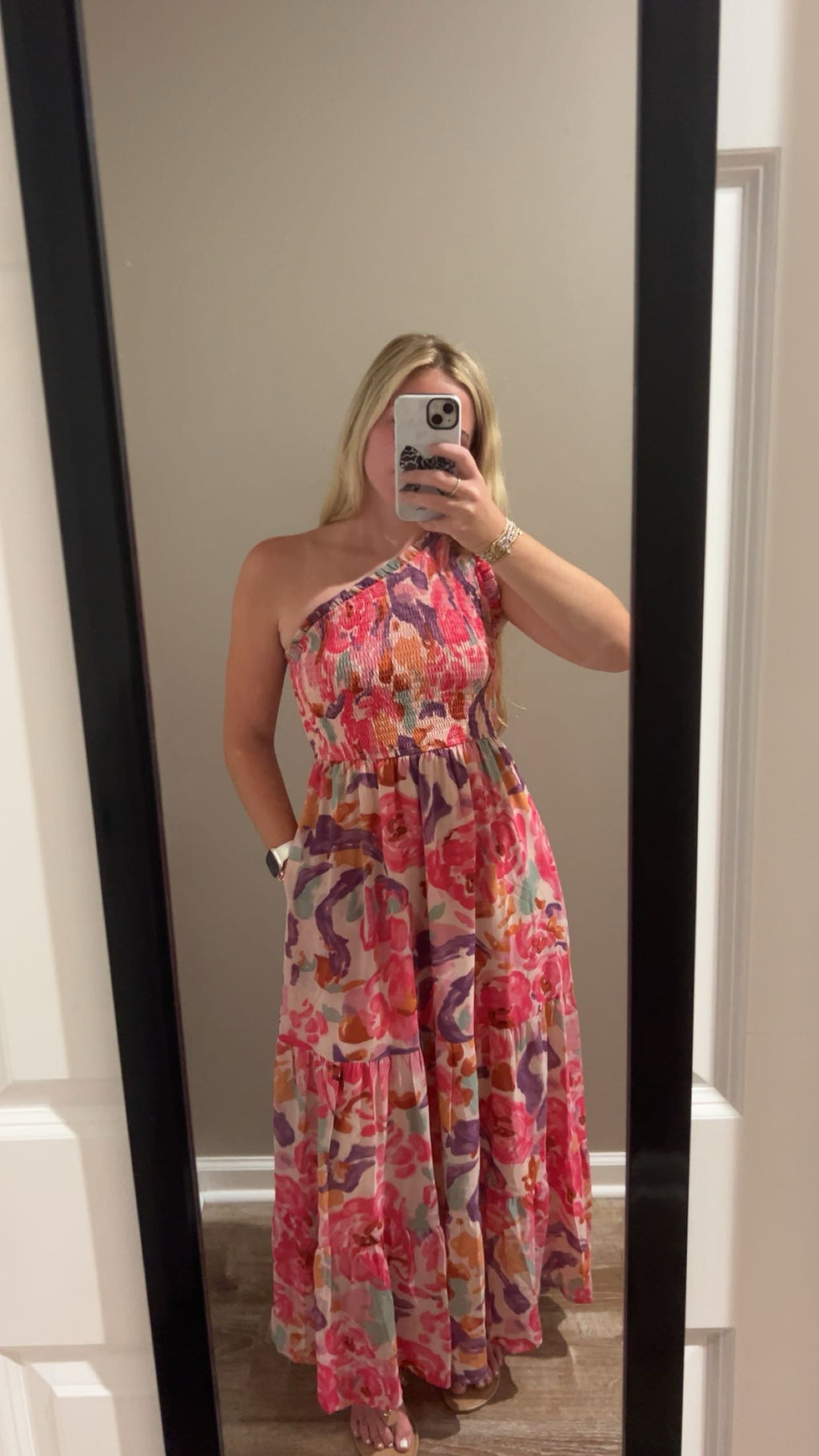 Floral Print Shirred One Shoulder Maxi Dress