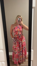 Floral Print Shirred One Shoulder Maxi Dress